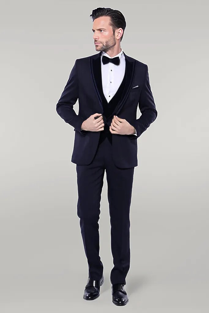 Velvet Collar Patterned Dark Blue Tuxedo - Wessi