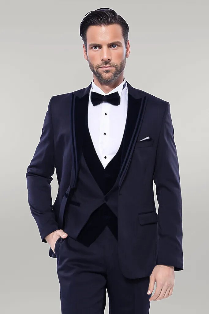 Esmoquin azul oscuro estampado con cuello de terciopelo - Wessi