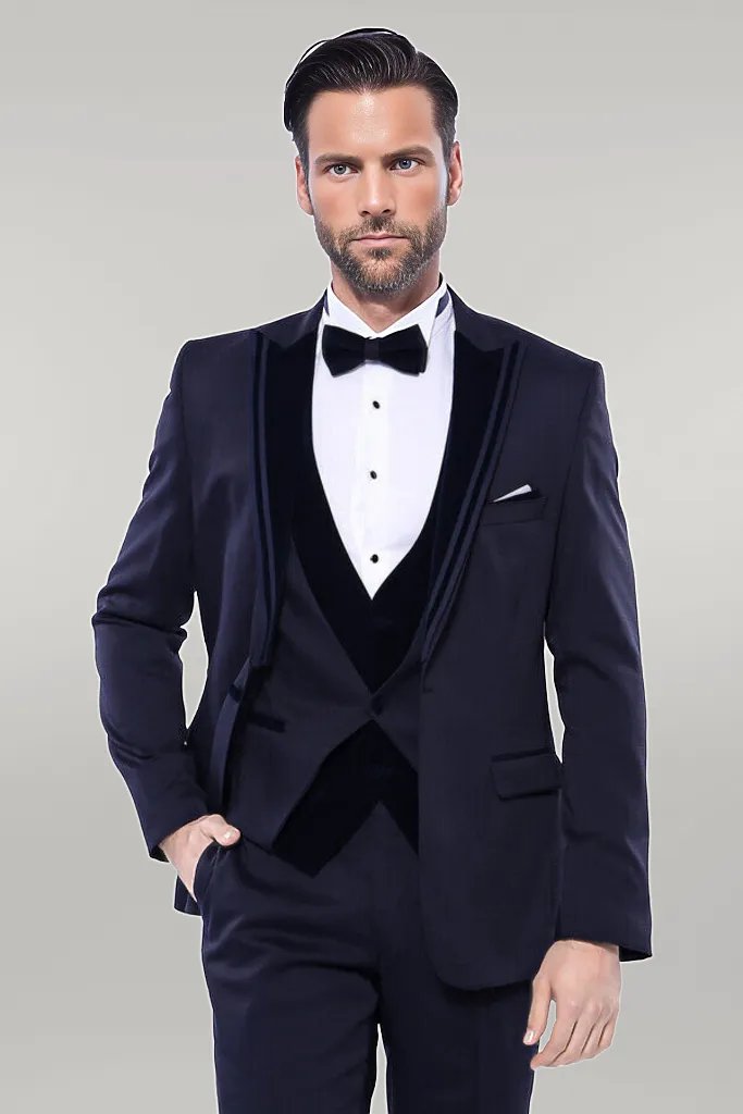 Velvet Collar Patterned Dark Blue Tuxedo - Wessi