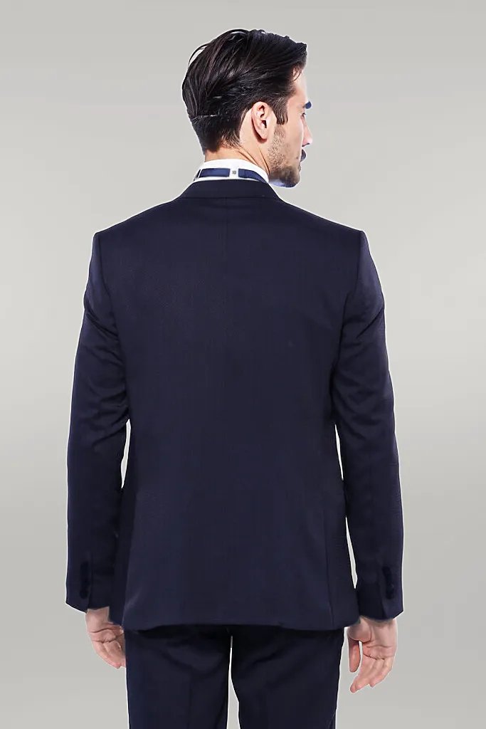 Velvet Collar Patterned Dark Blue Tuxedo - Wessi