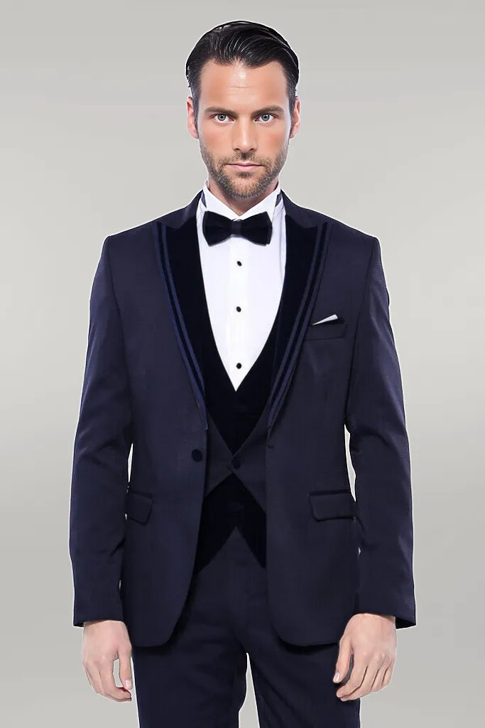 Esmoquin azul oscuro estampado con cuello de terciopelo - Wessi