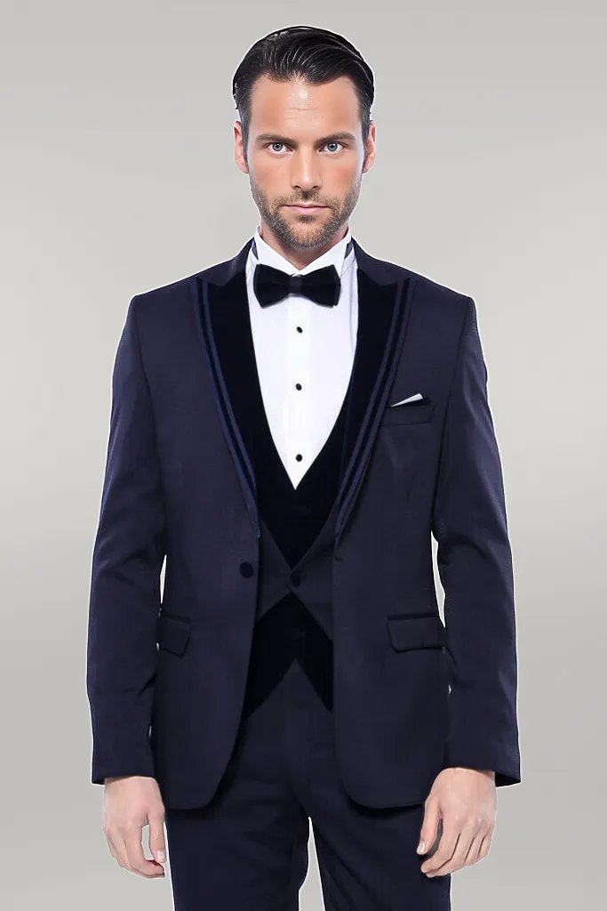 Velvet Collar Patterned Dark Blue Tuxedo - Wessi