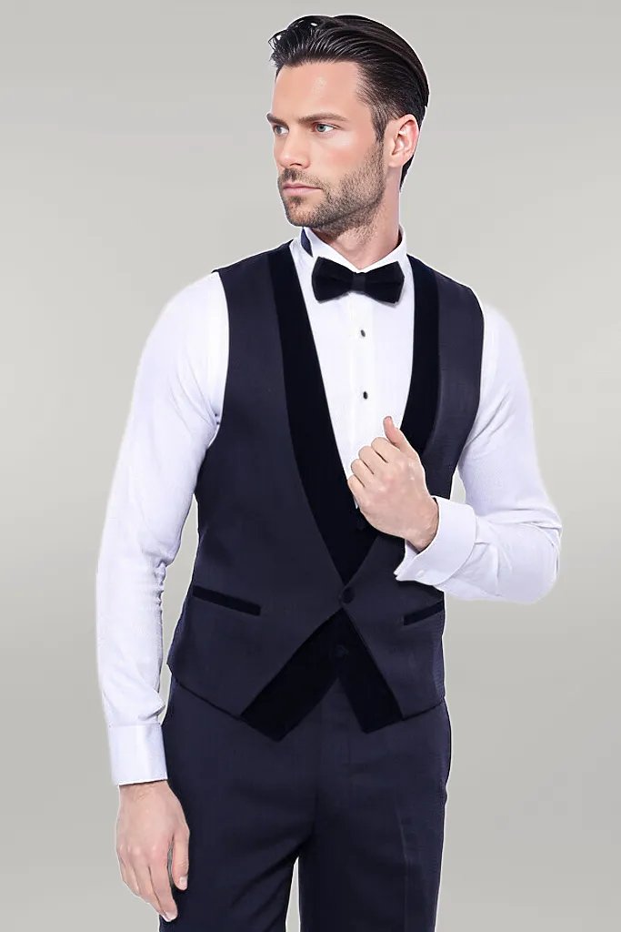 Velvet Collar Patterned Dark Blue Tuxedo - Wessi