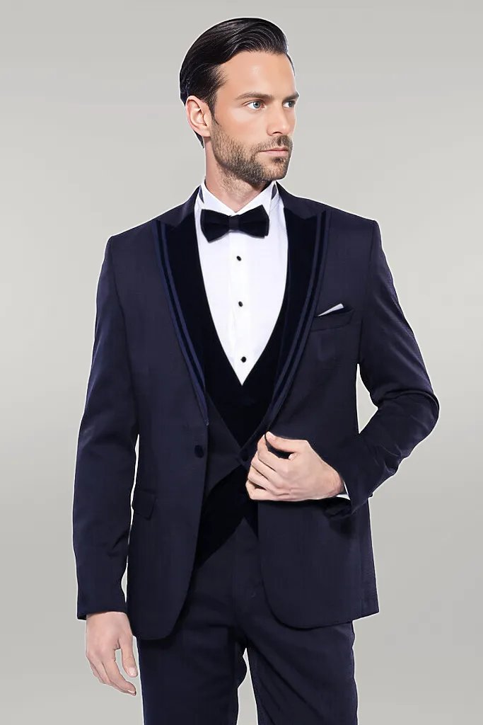 Esmoquin azul oscuro estampado con cuello de terciopelo - Wessi