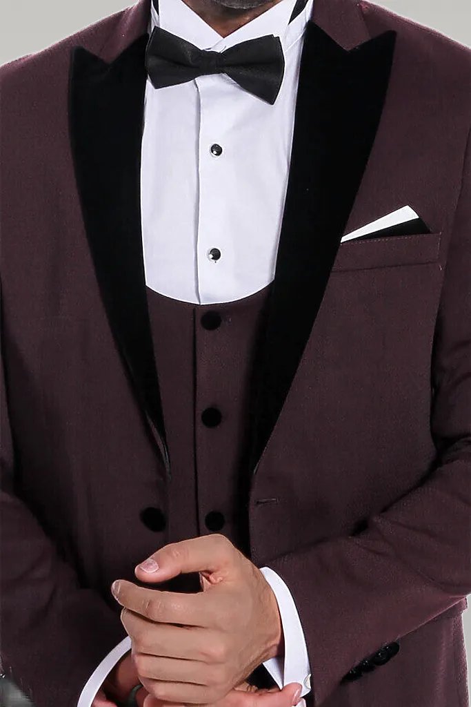 Velvet Lapel Slim Fit Burgundy Men Tuxedo - Wessi