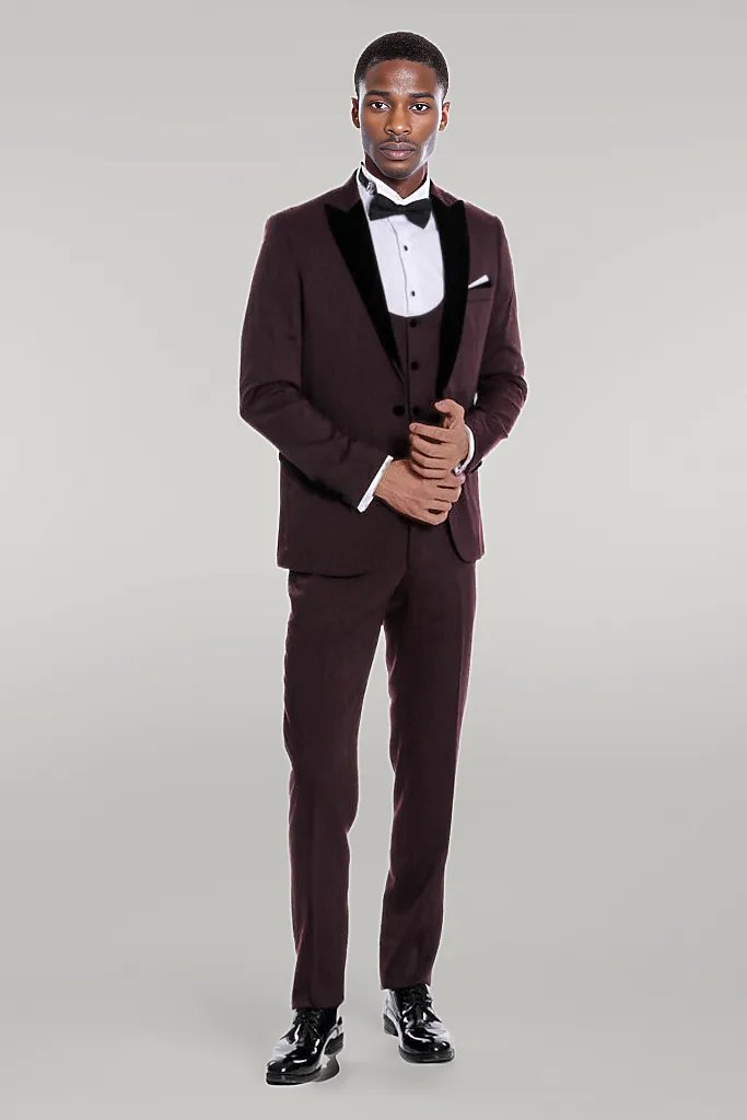 Velvet Lapel Slim Fit Burgundy Men Tuxedo - Wessi