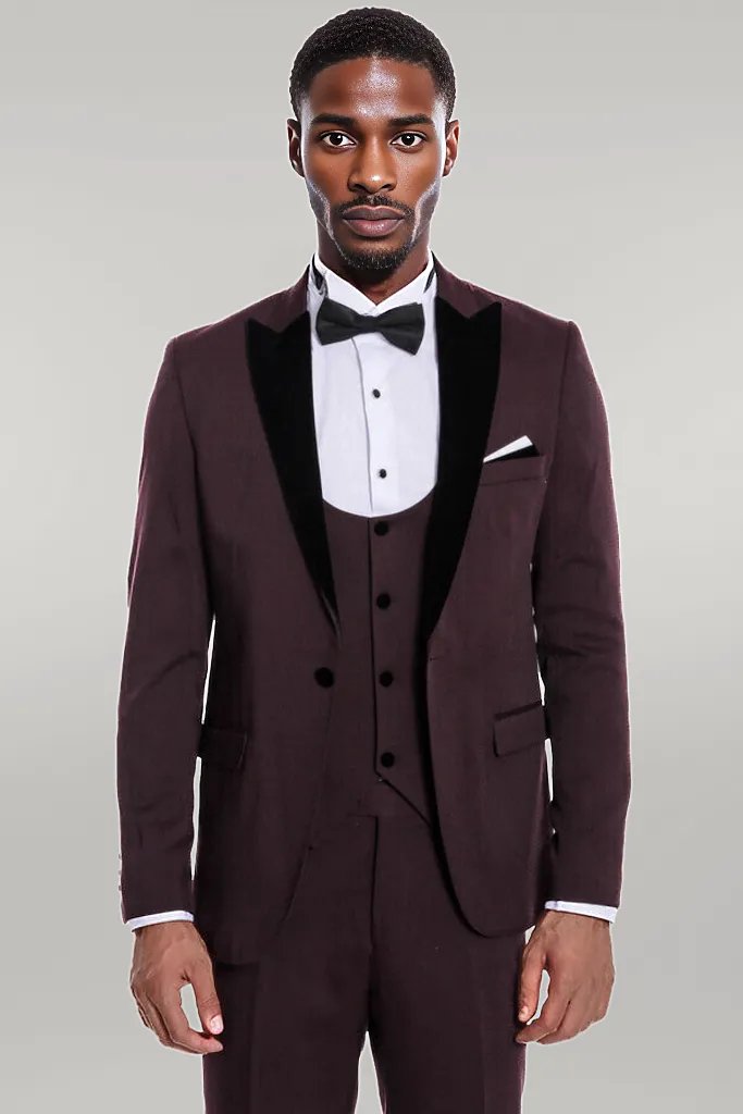 Velvet Lapel Slim Fit Burgundy Men Tuxedo - Wessi