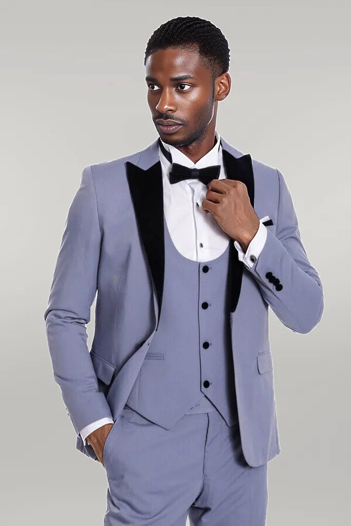 Velvet Lapel Slim Fit Light Blue Men Suit - Wessi