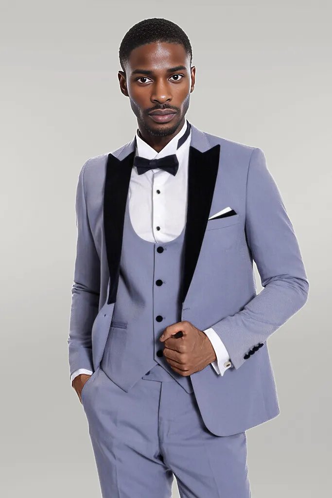 Velvet Lapel Slim Fit Light Blue Men Suit - Wessi