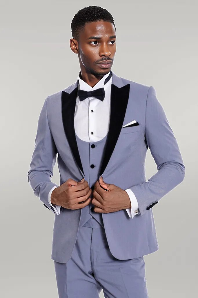 Velvet Lapel Slim Fit Light Blue Men Suit - Wessi