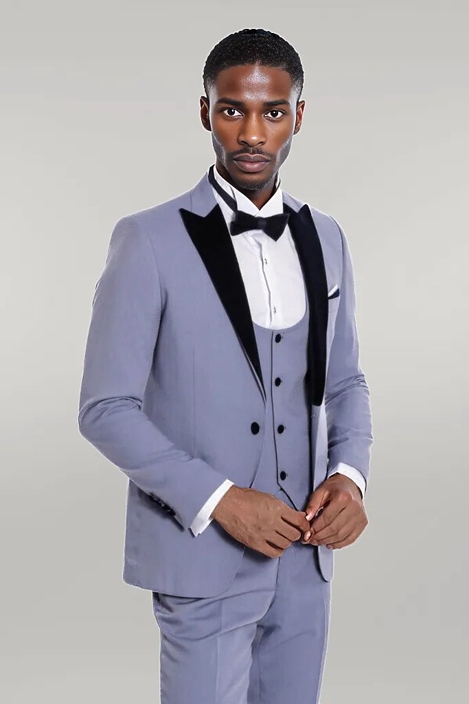 Velvet Lapel Slim Fit Light Blue Men Suit - Wessi