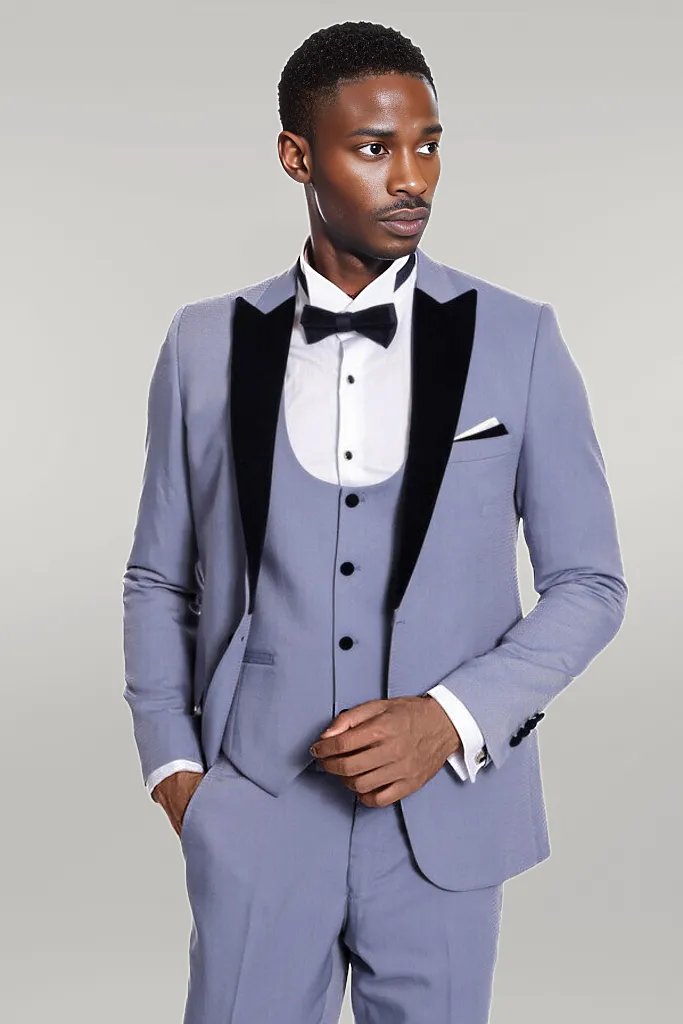 Velvet Lapel Slim Fit Light Blue Men Suit - Wessi