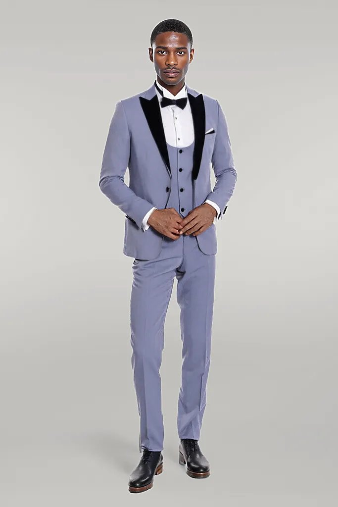 Velvet Lapel Slim Fit Light Blue Men Suit - Wessi