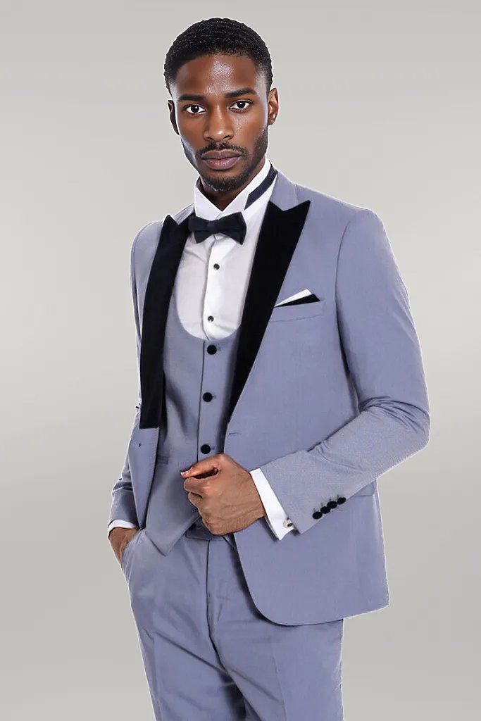 Velvet Lapel Slim Fit Light Blue Men Suit - Wessi