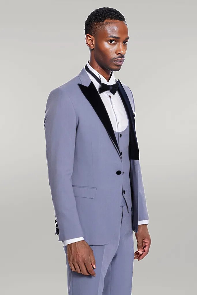 Velvet Lapel Slim Fit Light Blue Men Suit - Wessi