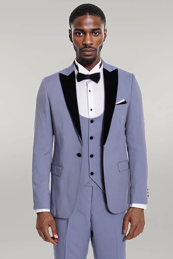 Velvet Lapel Slim Fit Light Blue Men Suit - Wessi