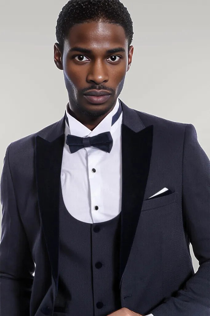 Velvet Lapel Slim Fit Navy Blue Men Tuxedo - Wessi