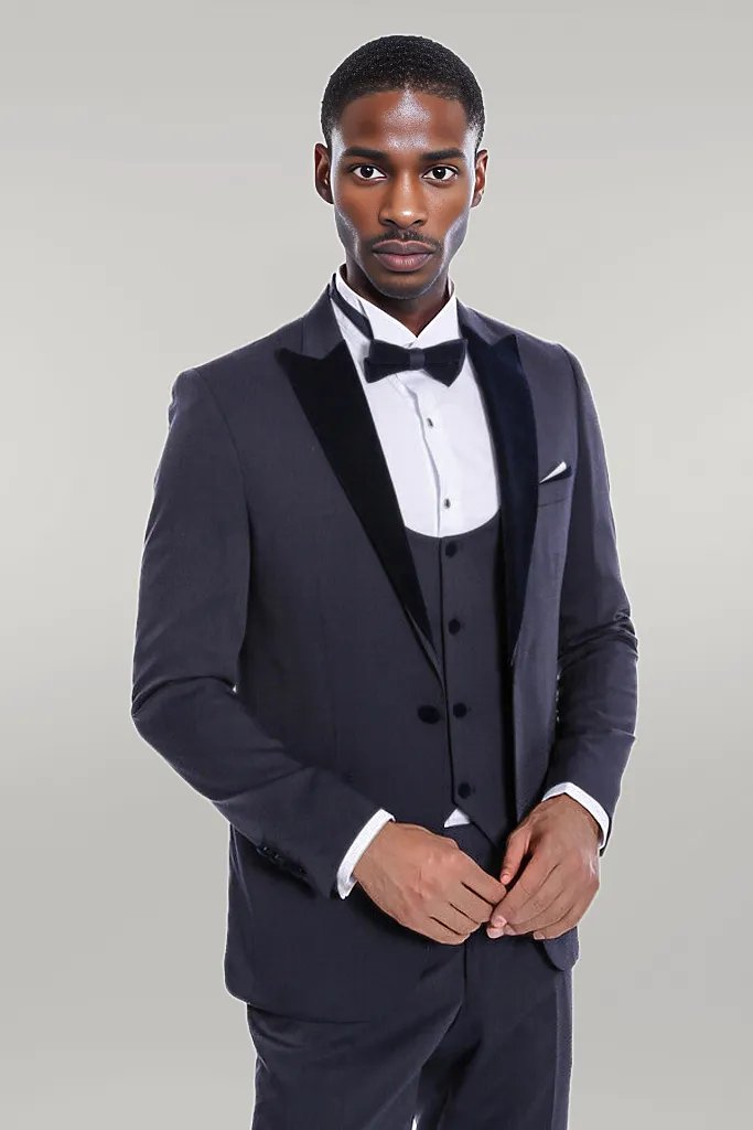 Velvet Lapel Slim Fit Navy Blue Men Tuxedo - Wessi