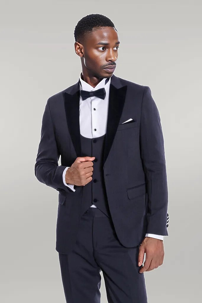 Smoking Homme Bleu Marine Coupe Slim à Revers en Velours - Wessi
