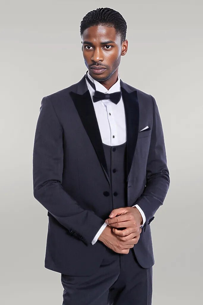 Velvet Lapel Slim Fit Navy Blue Men Tuxedo - Wessi