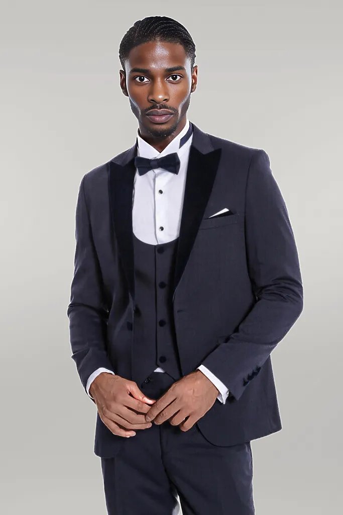 Velvet Lapel Slim Fit Navy Blue Men Tuxedo - Wessi