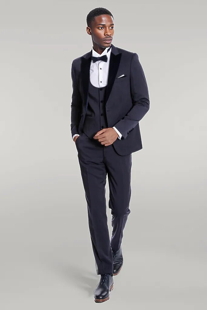 Velvet Lapel Slim Fit Navy Blue Men Tuxedo - Wessi