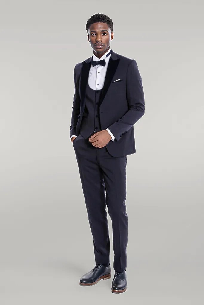 Velvet Lapel Slim Fit Navy Blue Men Tuxedo - Wessi