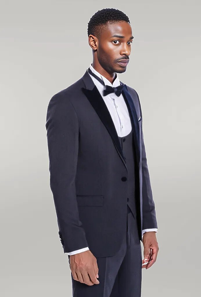 Smoking Homme Bleu Marine Coupe Slim à Revers en Velours - Wessi