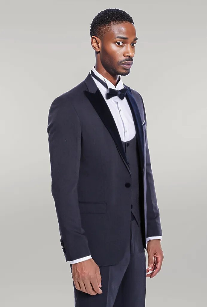 Velvet Lapel Slim Fit Navy Blue Men Tuxedo - Wessi