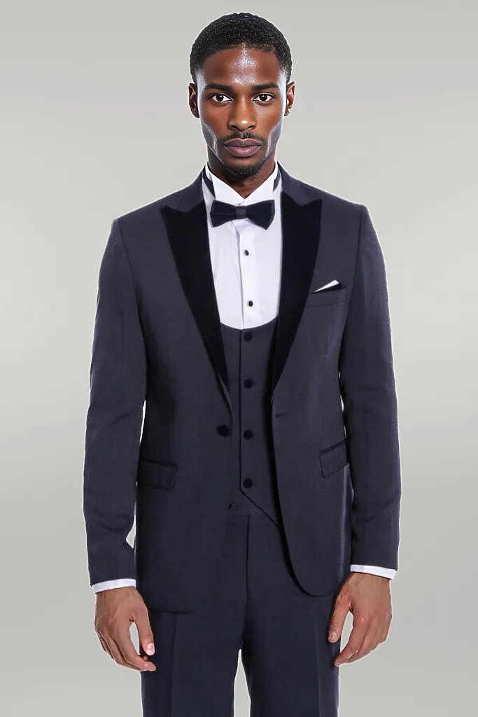 Velvet Lapel Slim Fit Navy Blue Men Tuxedo - Wessi