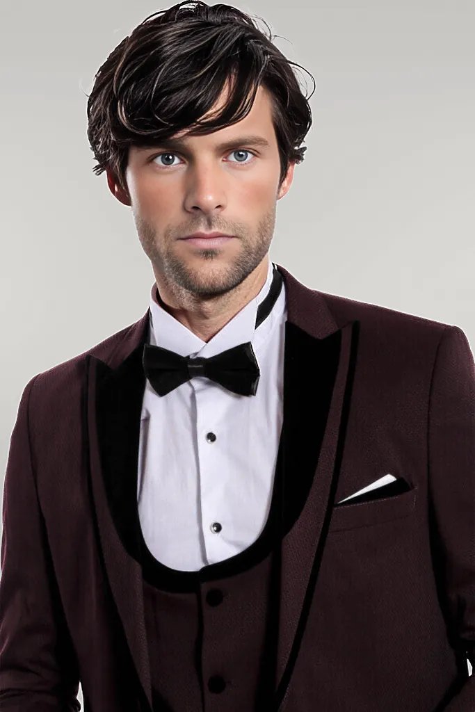 Velvet Lapel Vested Patterned Burgundy Men Tuxedo - Wessi