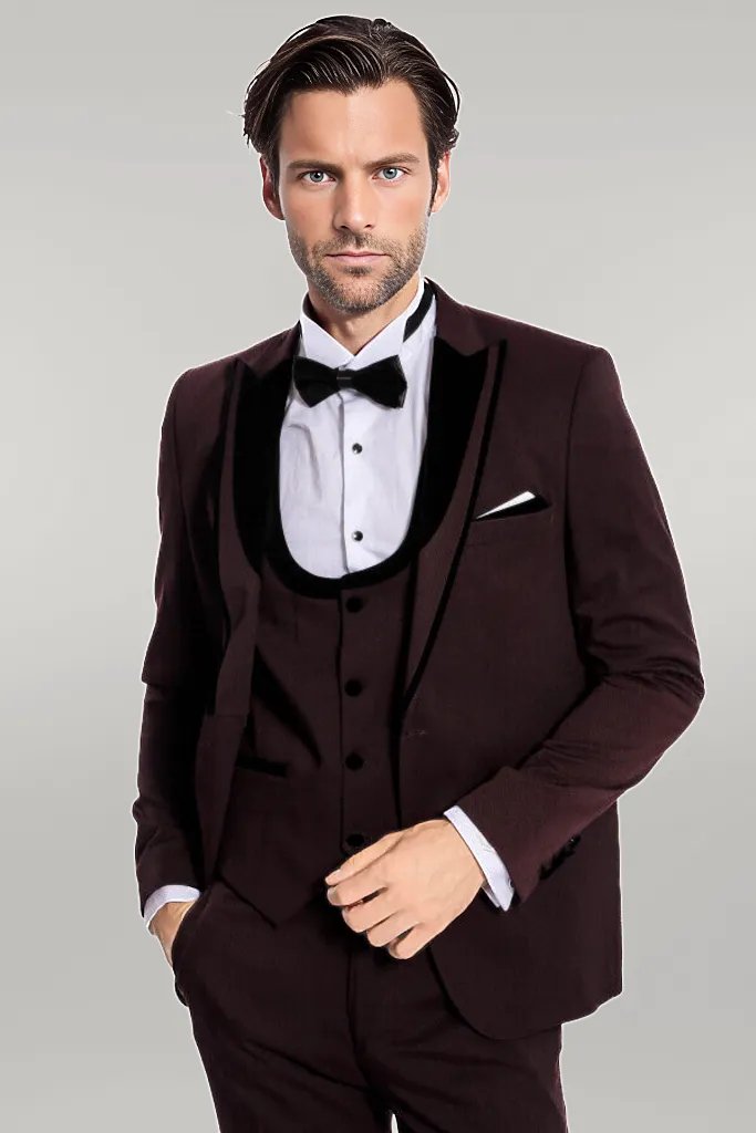 Velvet Lapel Vested Patterned Burgundy Men Tuxedo - Wessi