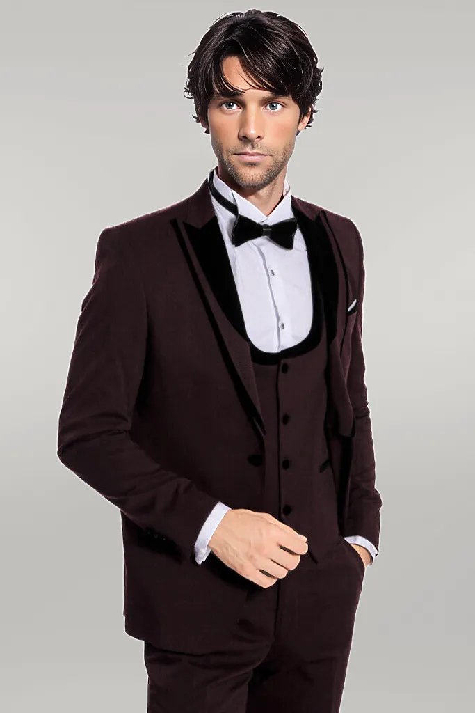 Smoking Homme Bordeaux à Motifs à Revers en Velours - Wessi