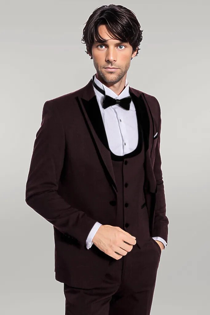 Velvet Lapel Vested Patterned Burgundy Men Tuxedo - Wessi