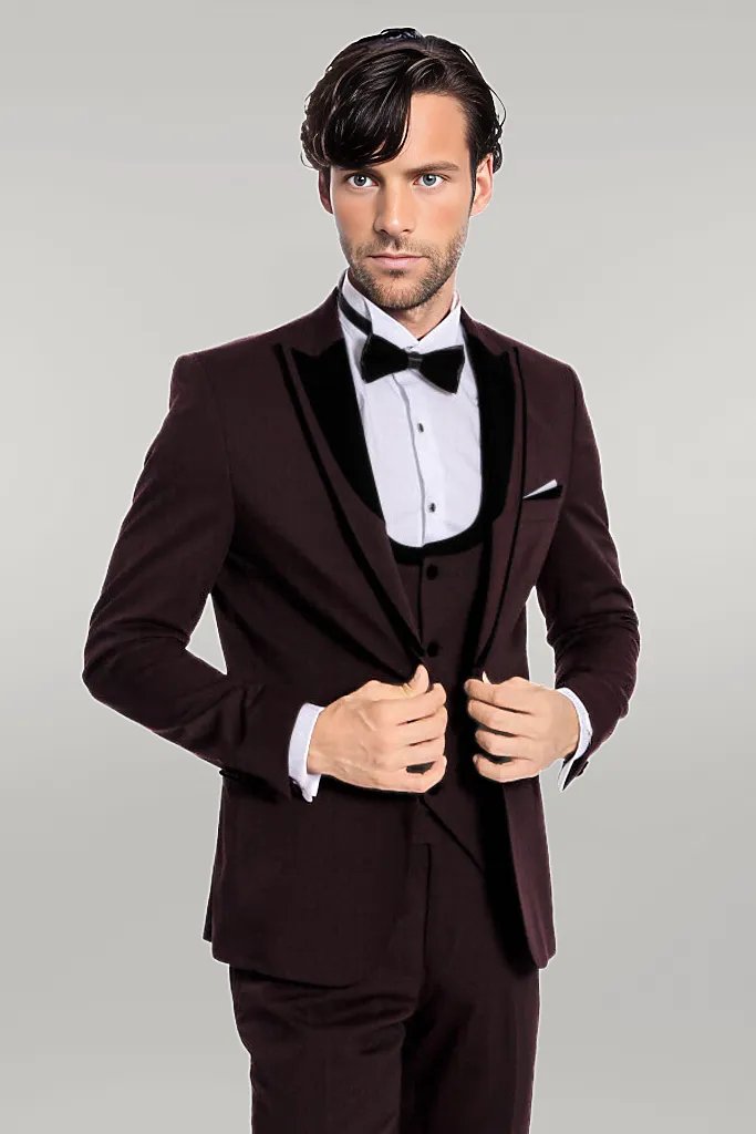 Velvet Lapel Vested Patterned Burgundy Men Tuxedo - Wessi