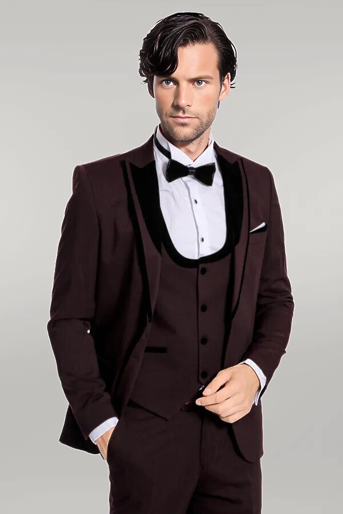 Smoking Homme Bordeaux à Motifs à Revers en Velours - Wessi