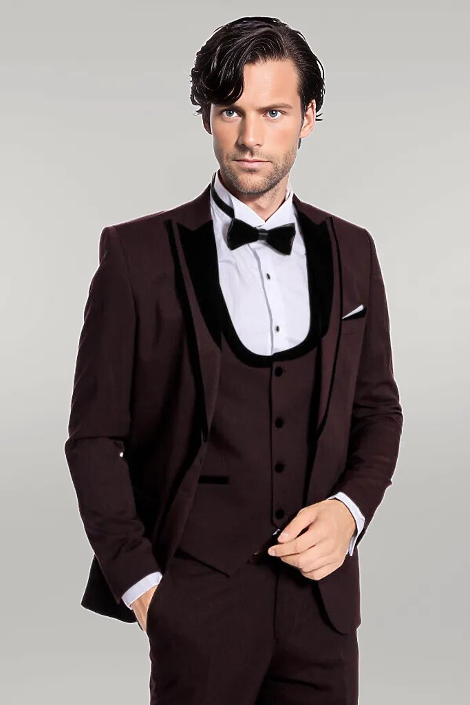 Velvet Lapel Vested Patterned Burgundy Men Tuxedo - Wessi