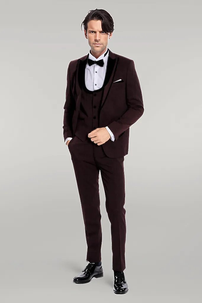 Velvet Lapel Vested Patterned Burgundy Men Tuxedo - Wessi