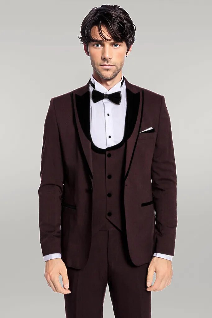 Velvet Lapel Vested Patterned Burgundy Men Tuxedo - Wessi