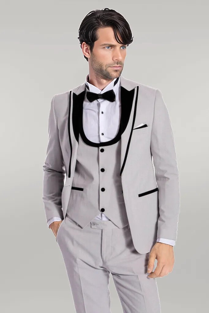 Velvet Lapel Vested Patterned Grey Men Tuxedo - Wessi