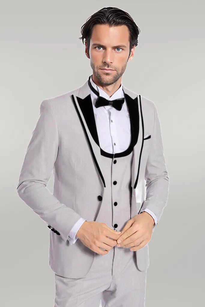 Velvet Lapel Vested Patterned Grey Men Tuxedo - Wessi