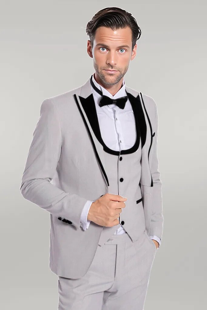 Velvet Lapel Vested Patterned Grey Men Tuxedo - Wessi