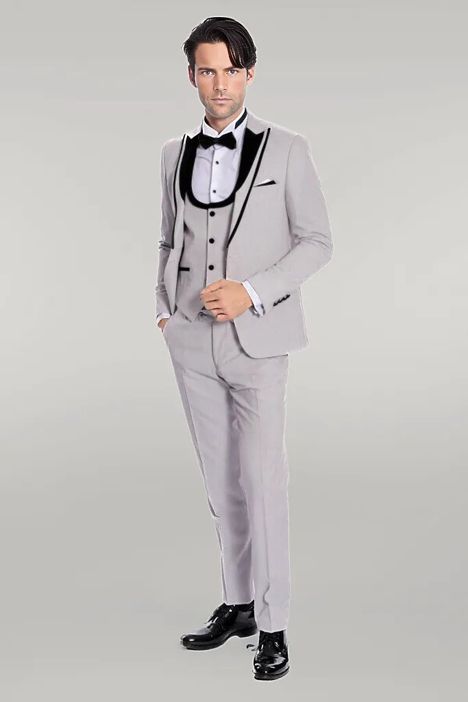 Velvet Lapel Vested Patterned Grey Men Tuxedo - Wessi