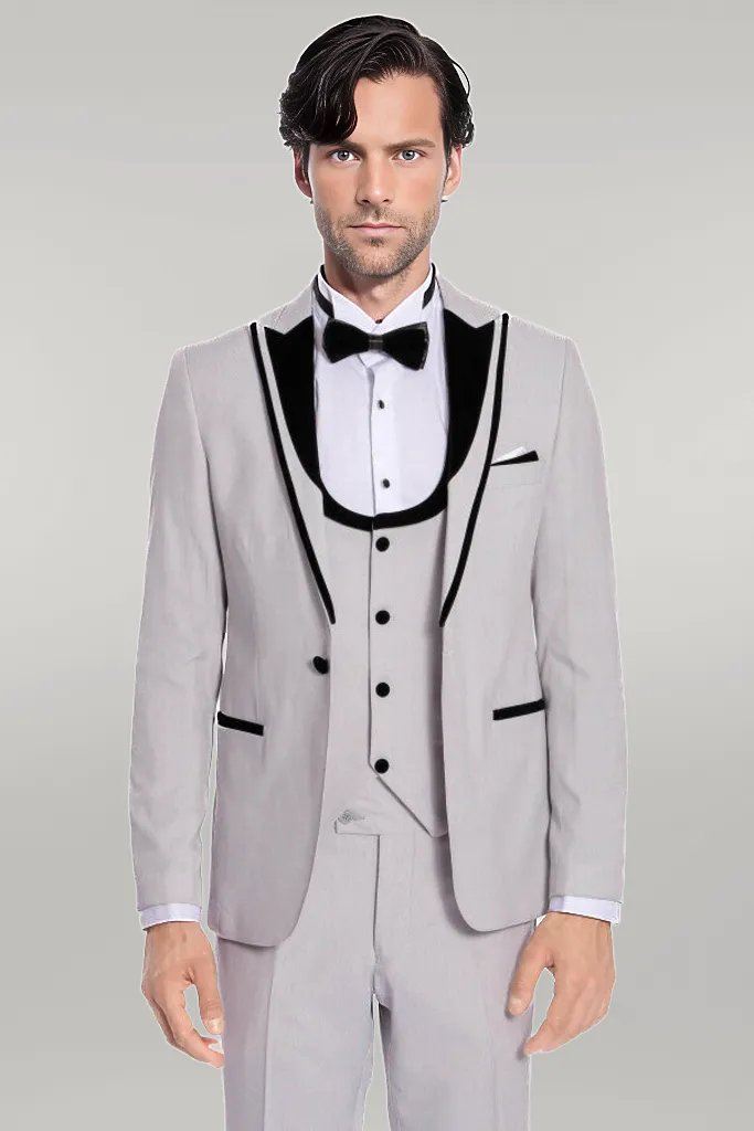 Velvet Lapel Vested Patterned Grey Men Tuxedo - Wessi