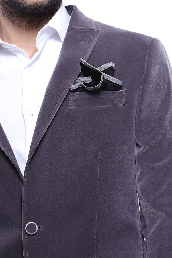 Velvet Slim Fit Grey Men Blazer - Wessi