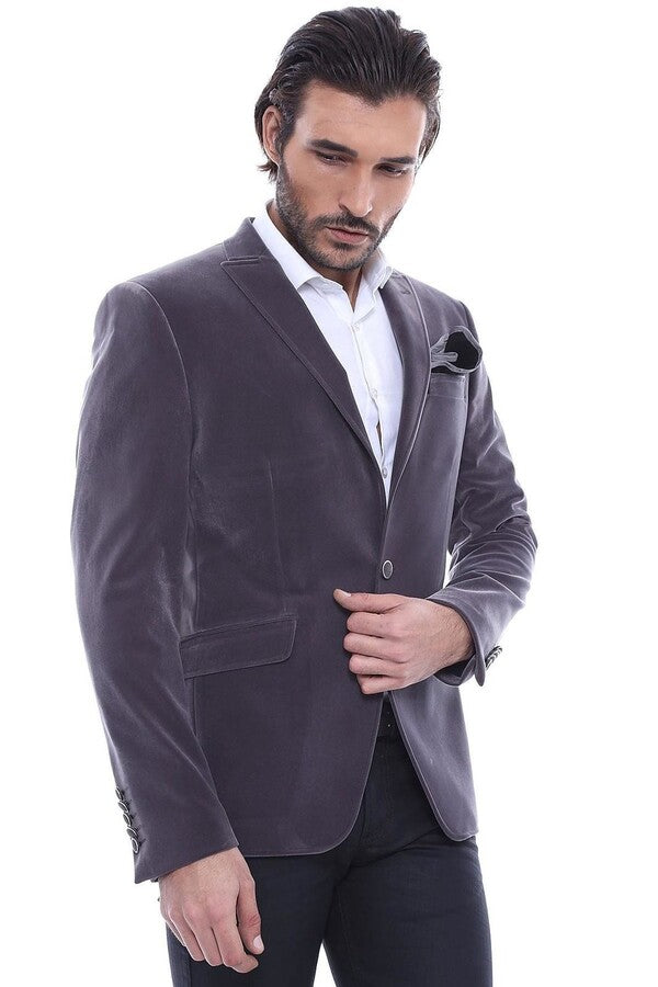 Velvet Slim Fit Grey Men Blazer - Wessi