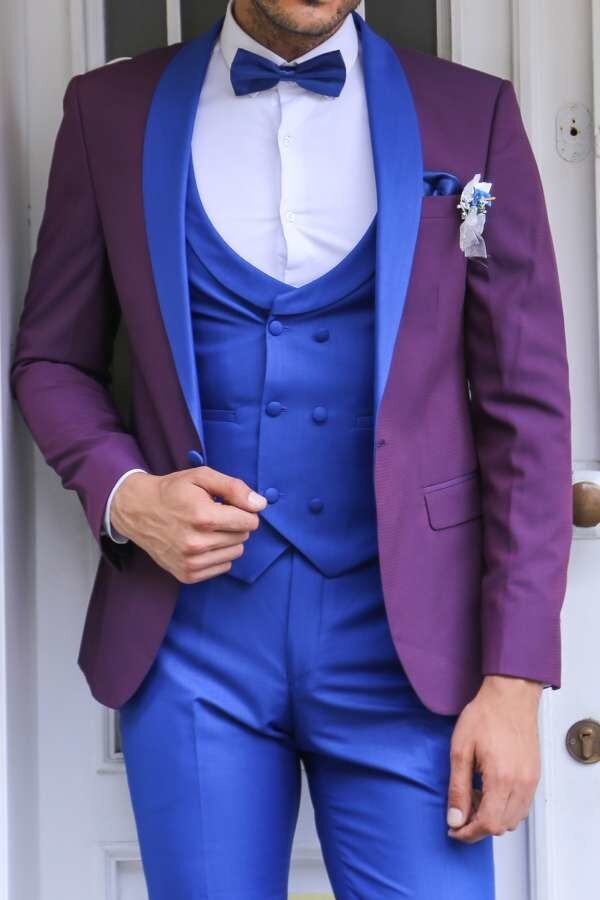 Vested Combined Burgundy-Blue Tuxedo - Wessi