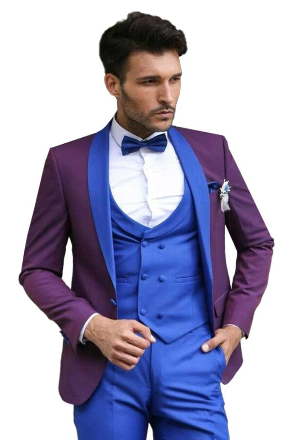 Vested Combined Burgundy-Blue Tuxedo - Wessi