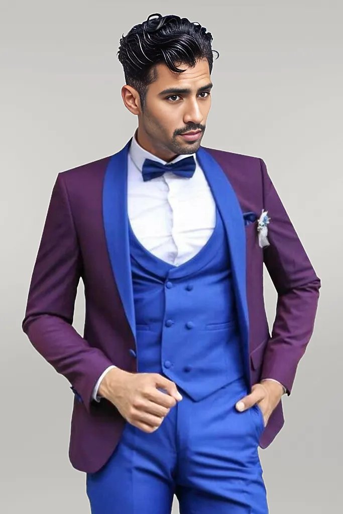 Vested Combined Burgundy-Blue Tuxedo - Wessi