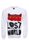 White Circle Neck Cat Printed Men's Sweatshirt - Wessi